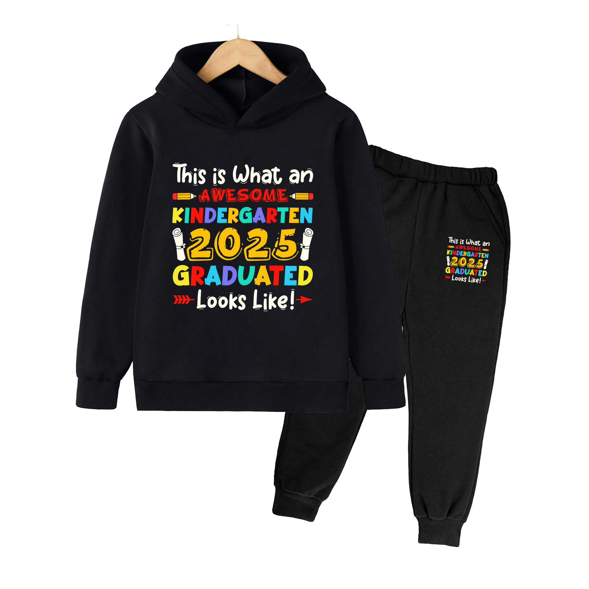 Winter Clothing Kindergarten - Kinderhoodie & Broek Set, Kleurrijke Afstudeerprint
